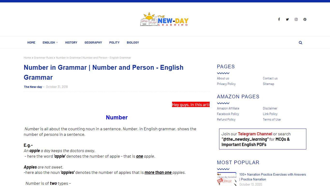 Number in Grammar | Number and Person - English Grammar - The New-day ...